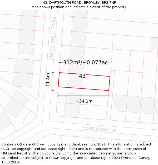 43, DARTMOUTH ROAD, BROMLEY, BR2 7NF: Plot and title map