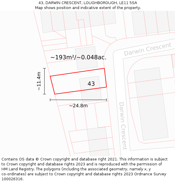 43, DARWIN CRESCENT, LOUGHBOROUGH, LE11 5SA: Plot and title map