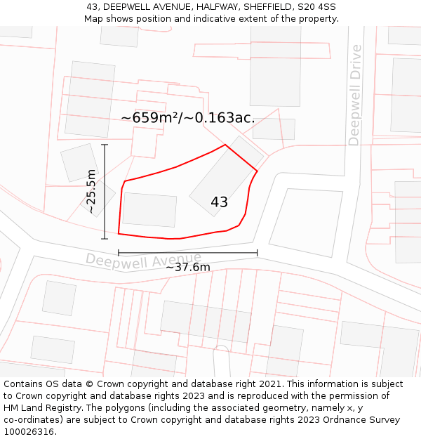 43, DEEPWELL AVENUE, HALFWAY, SHEFFIELD, S20 4SS: Plot and title map