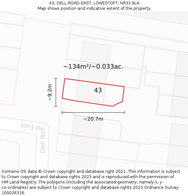43, DELL ROAD EAST, LOWESTOFT, NR33 9LA: Plot and title map