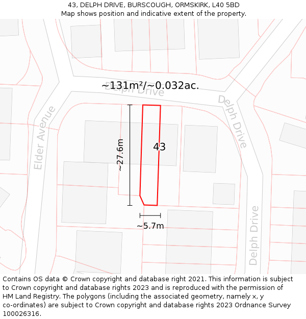 43, DELPH DRIVE, BURSCOUGH, ORMSKIRK, L40 5BD: Plot and title map