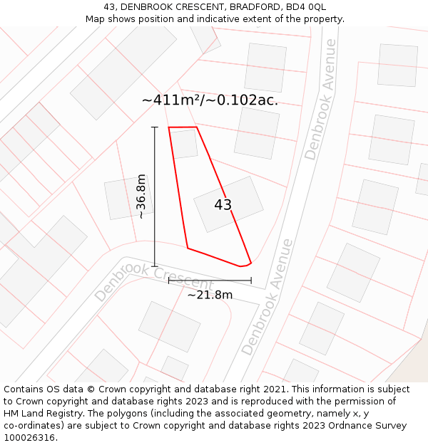 43, DENBROOK CRESCENT, BRADFORD, BD4 0QL: Plot and title map