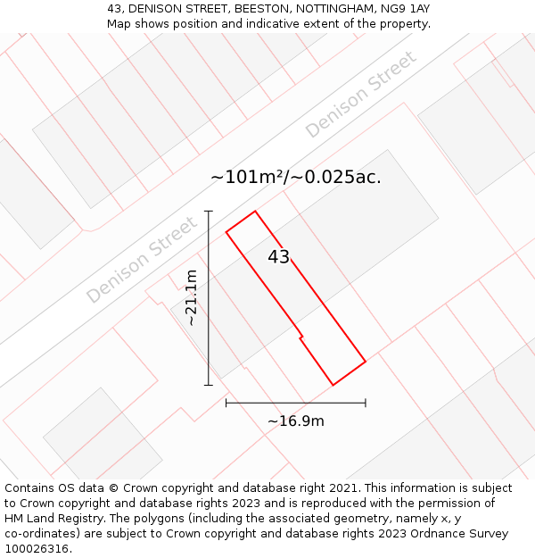 43, DENISON STREET, BEESTON, NOTTINGHAM, NG9 1AY: Plot and title map