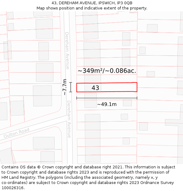 43, DEREHAM AVENUE, IPSWICH, IP3 0QB: Plot and title map