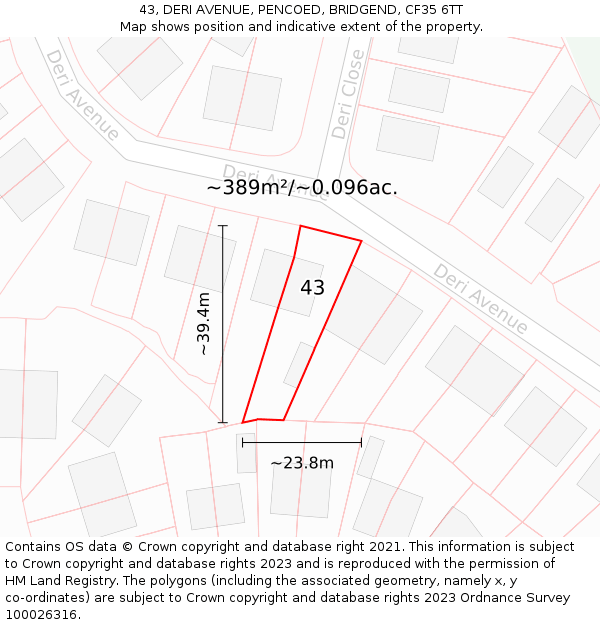 43, DERI AVENUE, PENCOED, BRIDGEND, CF35 6TT: Plot and title map