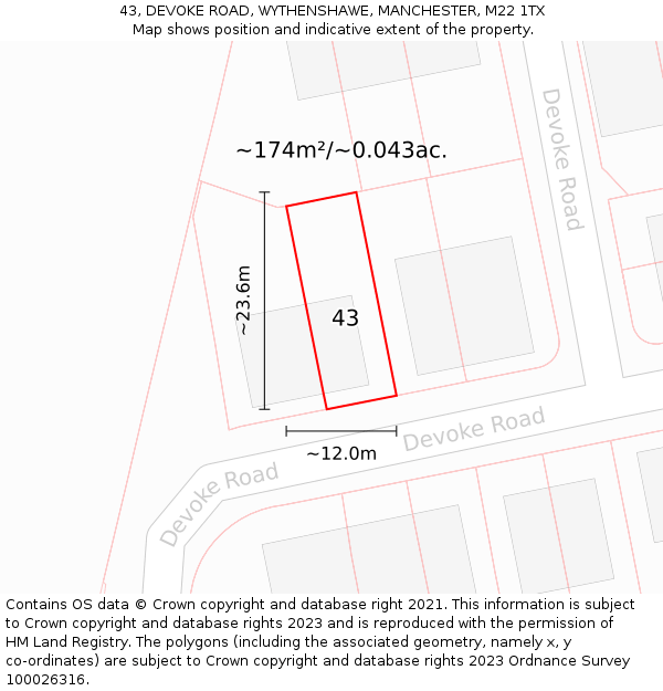 43, DEVOKE ROAD, WYTHENSHAWE, MANCHESTER, M22 1TX: Plot and title map
