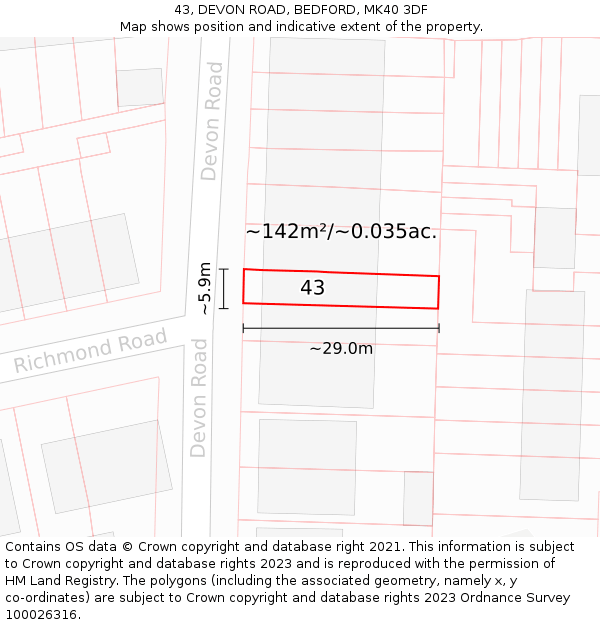 43, DEVON ROAD, BEDFORD, MK40 3DF: Plot and title map