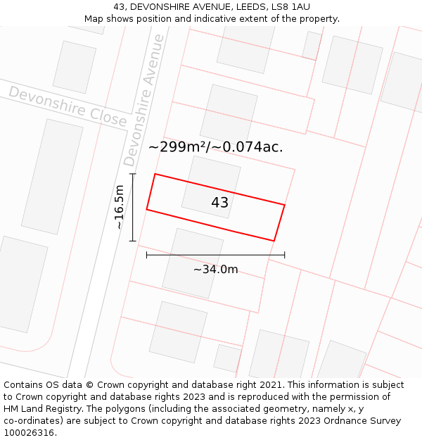 43, DEVONSHIRE AVENUE, LEEDS, LS8 1AU: Plot and title map