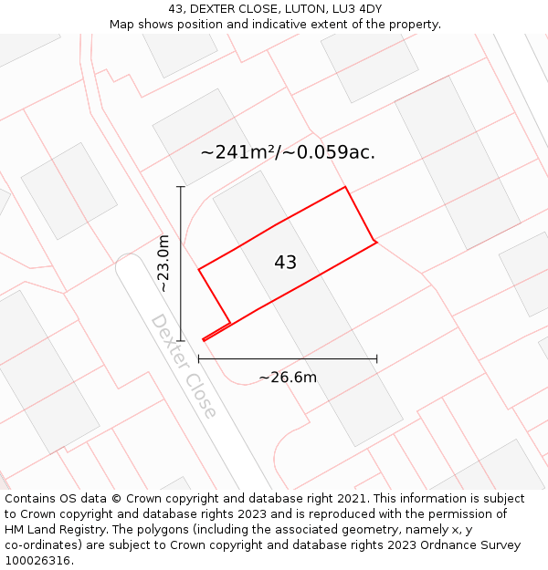 43, DEXTER CLOSE, LUTON, LU3 4DY: Plot and title map