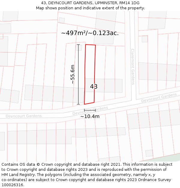 43, DEYNCOURT GARDENS, UPMINSTER, RM14 1DG: Plot and title map