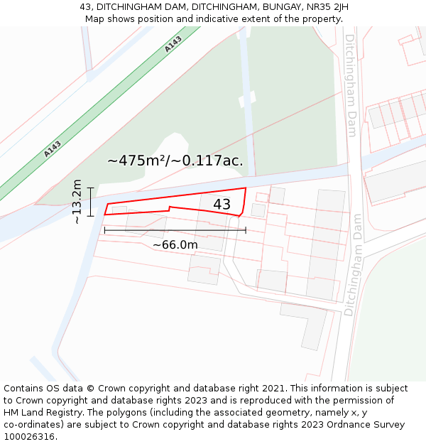 43, DITCHINGHAM DAM, DITCHINGHAM, BUNGAY, NR35 2JH: Plot and title map