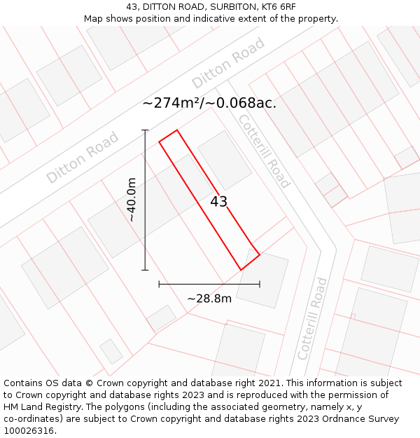 43, DITTON ROAD, SURBITON, KT6 6RF: Plot and title map