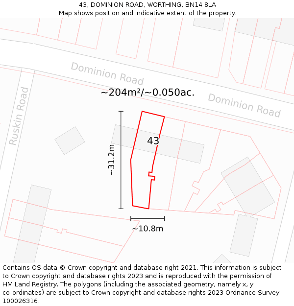 43, DOMINION ROAD, WORTHING, BN14 8LA: Plot and title map