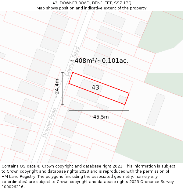 43, DOWNER ROAD, BENFLEET, SS7 1BQ: Plot and title map