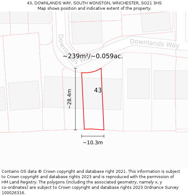 43, DOWNLANDS WAY, SOUTH WONSTON, WINCHESTER, SO21 3HS: Plot and title map