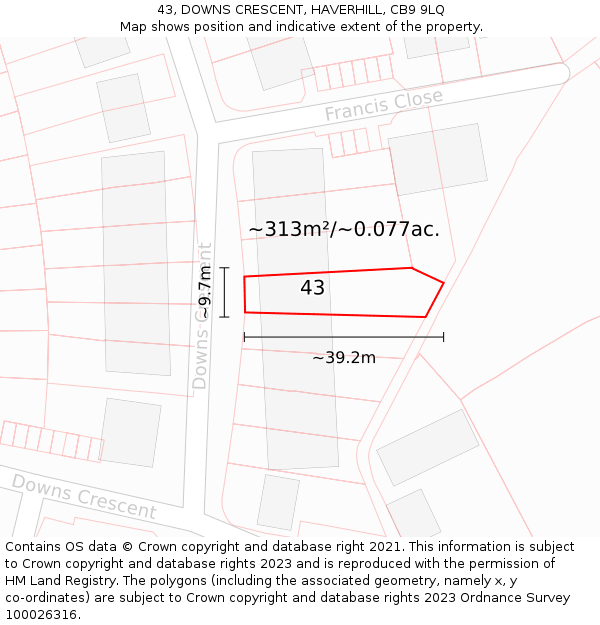 43, DOWNS CRESCENT, HAVERHILL, CB9 9LQ: Plot and title map
