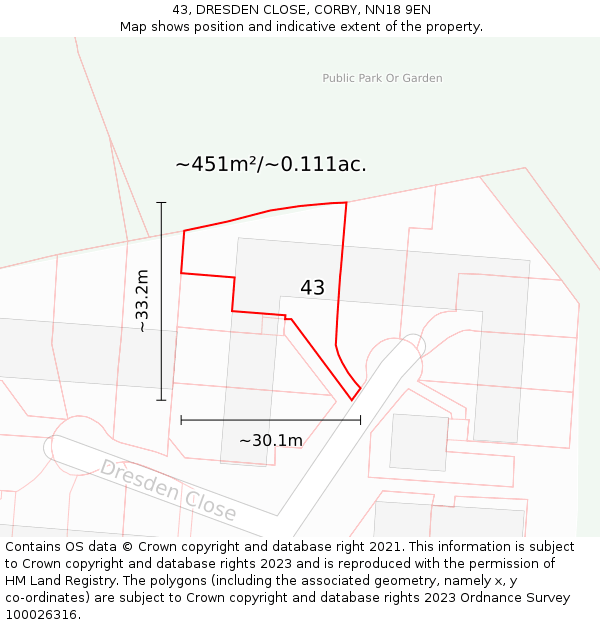 43, DRESDEN CLOSE, CORBY, NN18 9EN: Plot and title map