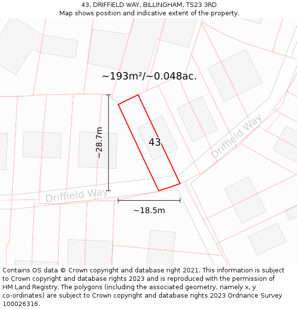 43, DRIFFIELD WAY, BILLINGHAM, TS23 3RD: Plot and title map