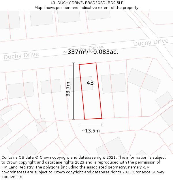 43, DUCHY DRIVE, BRADFORD, BD9 5LP: Plot and title map