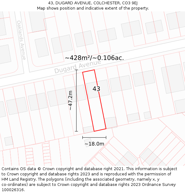 43, DUGARD AVENUE, COLCHESTER, CO3 9EJ: Plot and title map