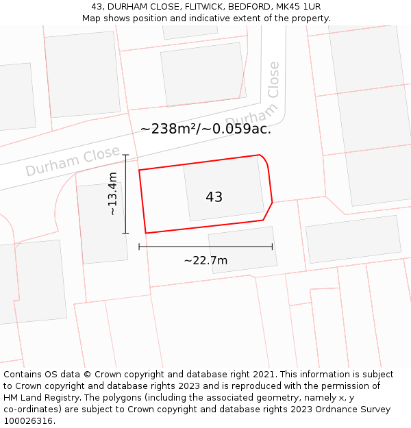 43, DURHAM CLOSE, FLITWICK, BEDFORD, MK45 1UR: Plot and title map
