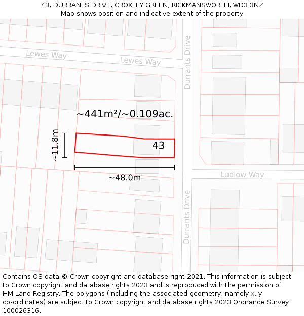 43, DURRANTS DRIVE, CROXLEY GREEN, RICKMANSWORTH, WD3 3NZ: Plot and title map
