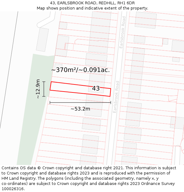 43, EARLSBROOK ROAD, REDHILL, RH1 6DR: Plot and title map