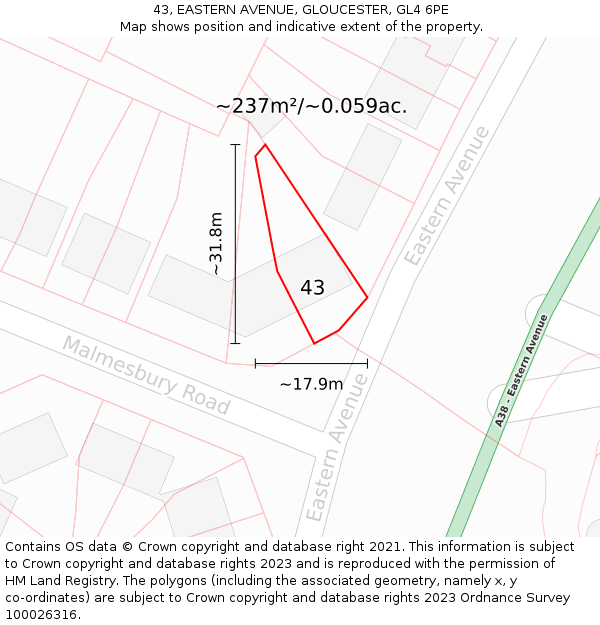 43, EASTERN AVENUE, GLOUCESTER, GL4 6PE: Plot and title map