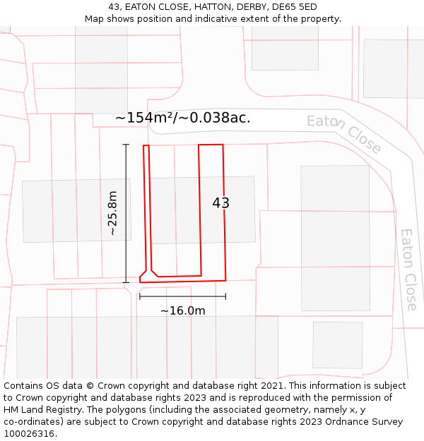43, EATON CLOSE, HATTON, DERBY, DE65 5ED: Plot and title map