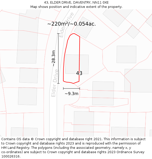 43, ELDER DRIVE, DAVENTRY, NN11 0XE: Plot and title map