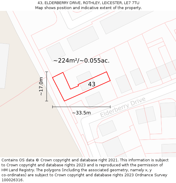 43, ELDERBERRY DRIVE, ROTHLEY, LEICESTER, LE7 7TU: Plot and title map