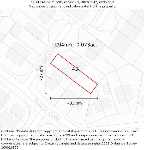 43, ELEANOR CLOSE, PENCOED, BRIDGEND, CF35 6RD: Plot and title map