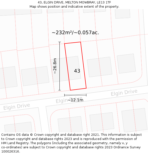 43, ELGIN DRIVE, MELTON MOWBRAY, LE13 1TF: Plot and title map
