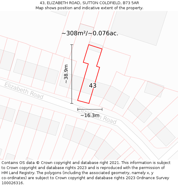 43, ELIZABETH ROAD, SUTTON COLDFIELD, B73 5AR: Plot and title map