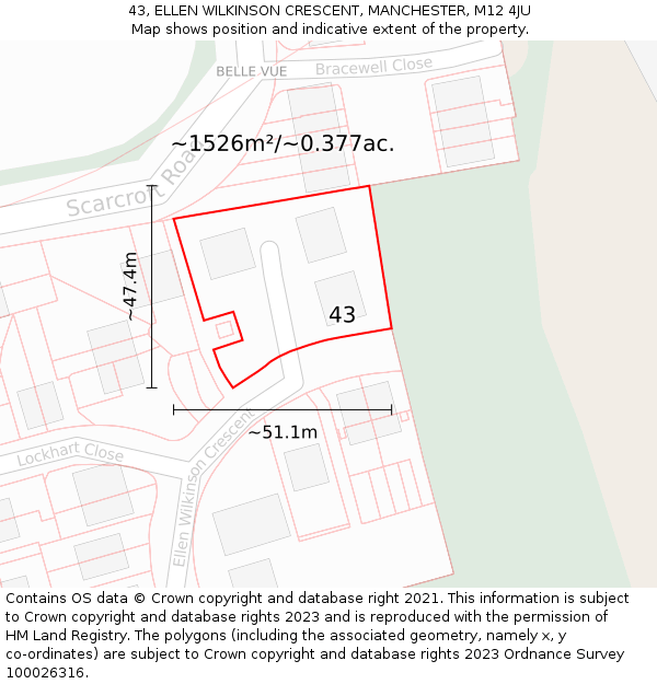 43, ELLEN WILKINSON CRESCENT, MANCHESTER, M12 4JU: Plot and title map