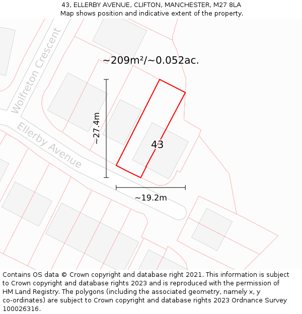 43, ELLERBY AVENUE, CLIFTON, MANCHESTER, M27 8LA: Plot and title map