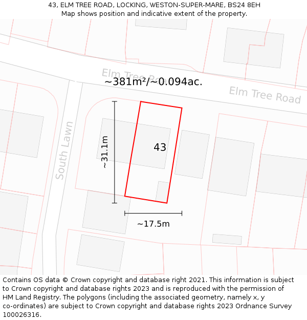 43, ELM TREE ROAD, LOCKING, WESTON-SUPER-MARE, BS24 8EH: Plot and title map