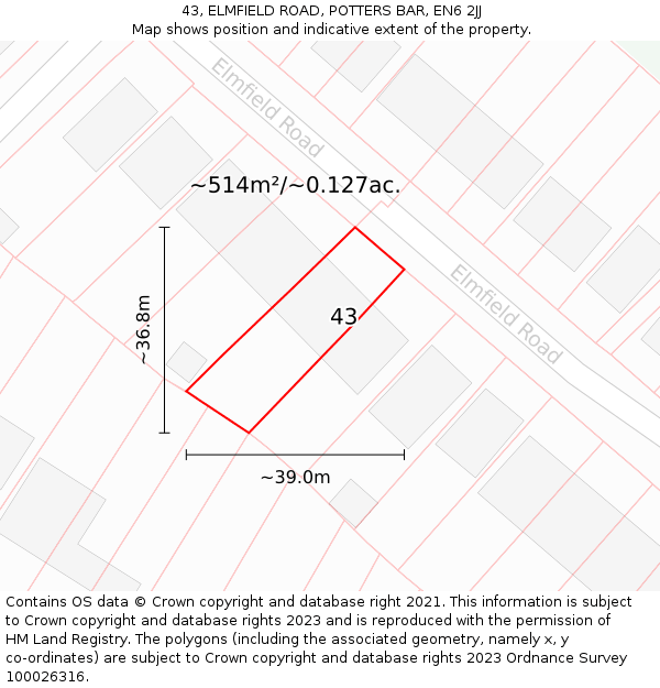 43, ELMFIELD ROAD, POTTERS BAR, EN6 2JJ: Plot and title map