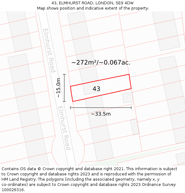 43, ELMHURST ROAD, LONDON, SE9 4DW: Plot and title map