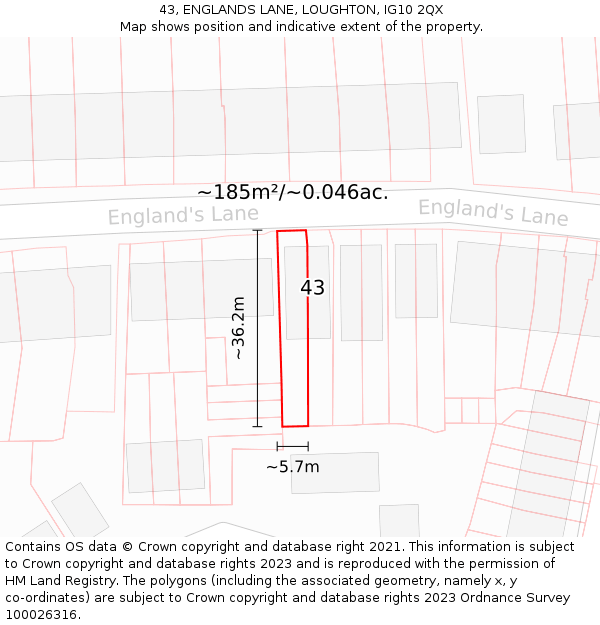 43, ENGLANDS LANE, LOUGHTON, IG10 2QX: Plot and title map