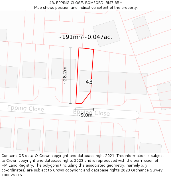 43, EPPING CLOSE, ROMFORD, RM7 8BH: Plot and title map