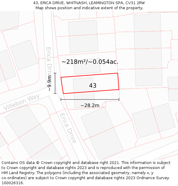 43, ERICA DRIVE, WHITNASH, LEAMINGTON SPA, CV31 2RW: Plot and title map