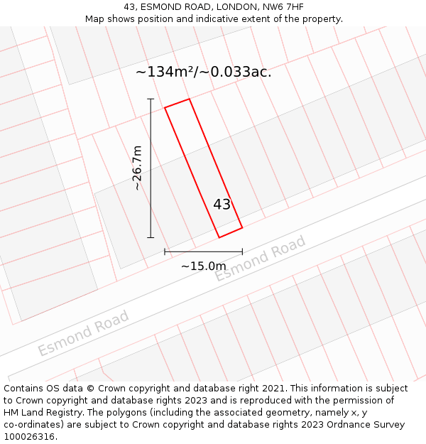 43, ESMOND ROAD, LONDON, NW6 7HF: Plot and title map