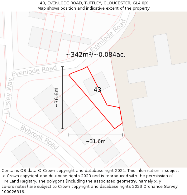 43, EVENLODE ROAD, TUFFLEY, GLOUCESTER, GL4 0JX: Plot and title map