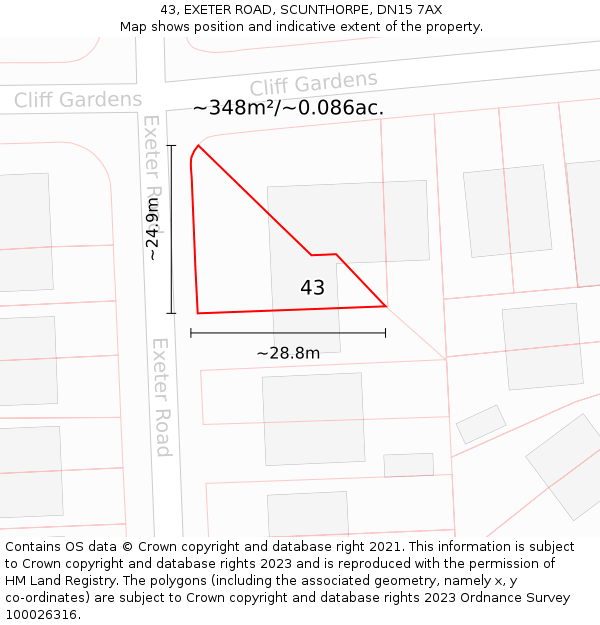 43, EXETER ROAD, SCUNTHORPE, DN15 7AX: Plot and title map