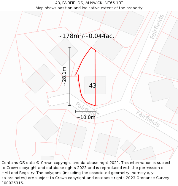 43, FAIRFIELDS, ALNWICK, NE66 1BT: Plot and title map