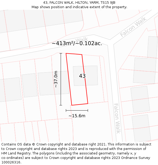 43, FALCON WALK, HILTON, YARM, TS15 9JB: Plot and title map