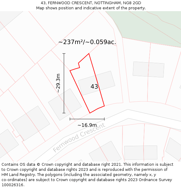 43, FERNWOOD CRESCENT, NOTTINGHAM, NG8 2GD: Plot and title map