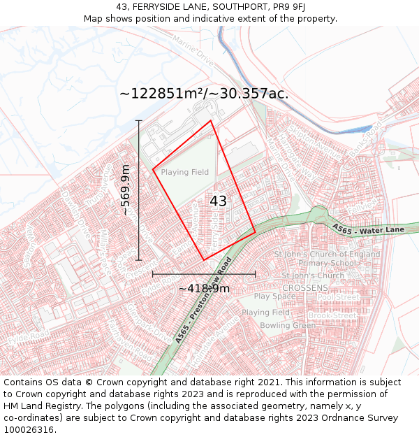 43, FERRYSIDE LANE, SOUTHPORT, PR9 9FJ: Plot and title map