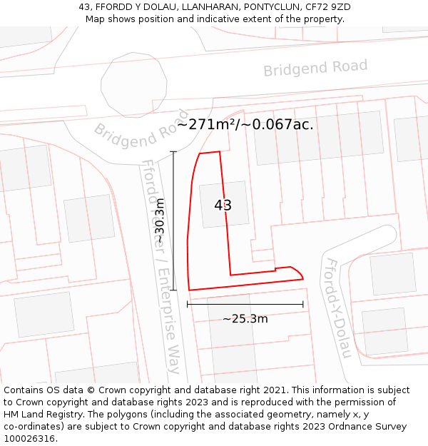 43, FFORDD Y DOLAU, LLANHARAN, PONTYCLUN, CF72 9ZD: Plot and title map